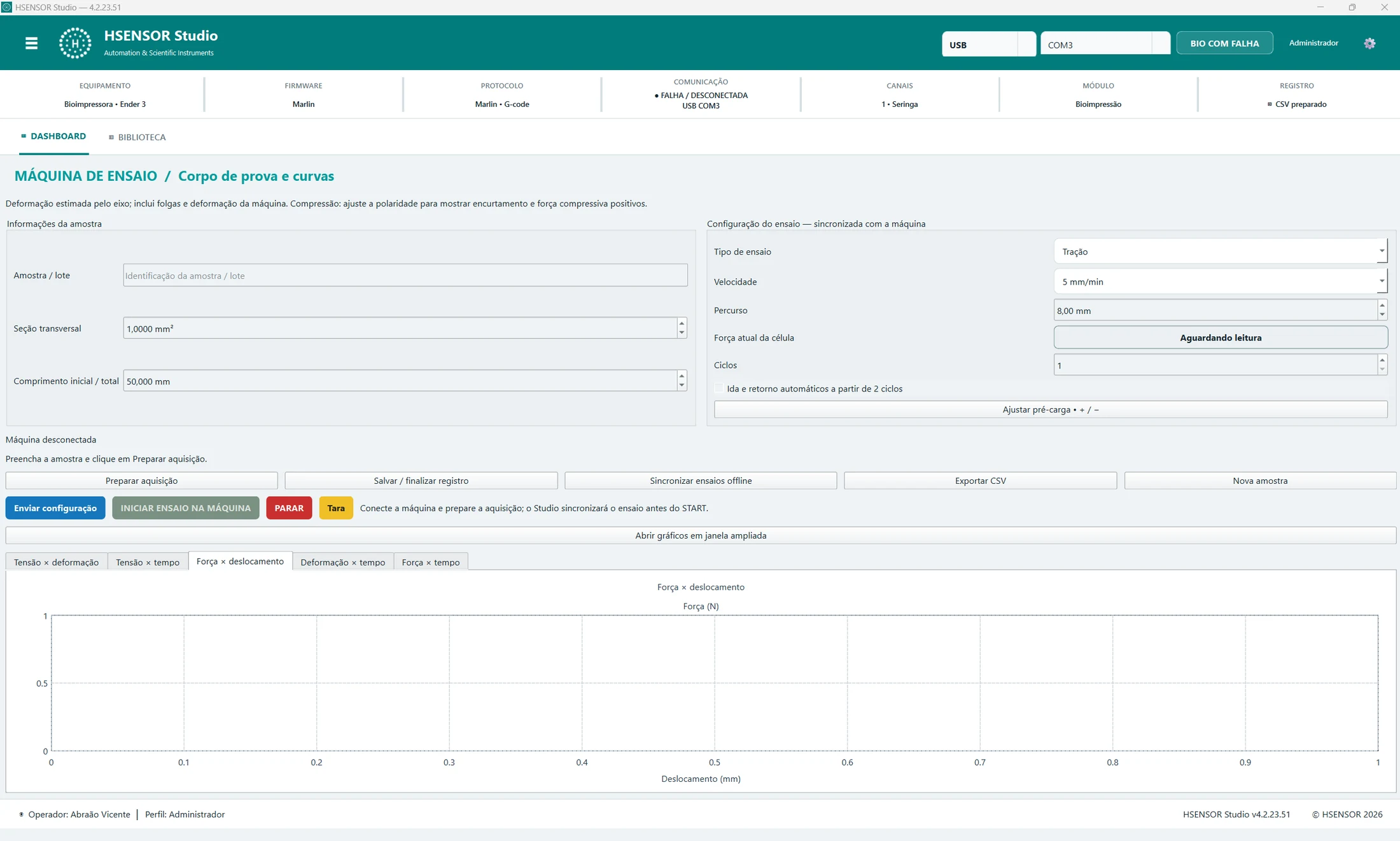 HSENSOR Studio: informações da amostra e configuração do ensaio com máquina desconectada
